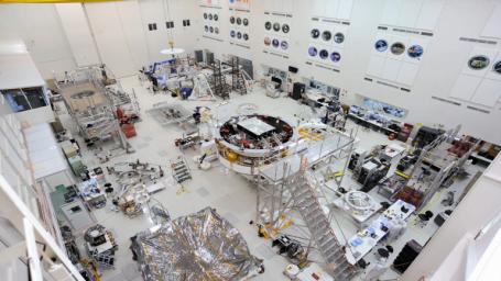 This image shows major components of NASA's Mars 2020 mission in the High Bay 1 clean room in JPL's Spacecraft Assembly Facility.