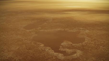 This artist's concept of a lake at the north pole of Saturn's moon Titan illustrates raised rims and rampartlike features such as those seen by NASA's Cassini spacecraft around the moon's Winnipeg Lacus.