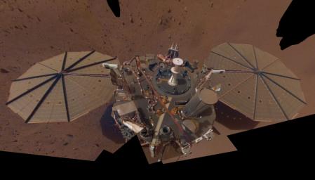 This is NASA InSight's second full selfie on Mars. Since taking its first selfie, a thin coating of dust now covers the spacecraft.
