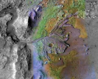This image of Jezero Crater on Mars, the landing site for NASA's Mars 2020 mission, was taken by instruments on NASA's Mars Reconnaissance Orbiter.