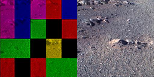 These side-by-side images were taken by the Pan Camera (Pancam) on NASA's Opportunity rover. They're actually the same image; the left version is how the image originally came down. The right shows the same image after processing all the data.