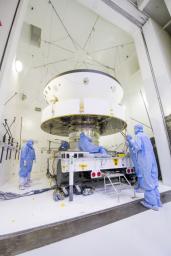 NASA's Mars 2020 spacecraft undergoes examination prior to an acoustic test in the Environmental Test Facility at NASA's Jet Propulsion Laboratory in Pasadena, California.