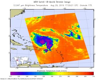 An infrared image of Hurricane Dorian, as seen by the AIRS instrument aboard NASA's Aqua satellite at 1:30 p.m. EDT (10:30 a.m. PDT) on Aug. 29, 2019.