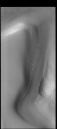 This image from NASA's Mars Odyssey shows revealed layers on the side of troughs that are eroded down into the north polar cap.