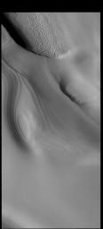 This image from NASA's Mars Odyssey shows part of the north polar cap, as well as sand dunes located on the floor of a polar trough.