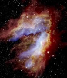In this composite image of the Omega, or Swan, Nebula, SOFIA's view reveals evidence that parts of the nebula formed separately to create the swan-like shape seen today.