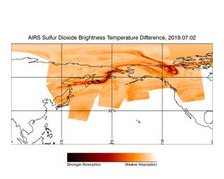 In this image from NASA's Aqua satellite, sulfur dioxide (SO2) in the volcanic plume is observed over several overpasses on July 2, 2019, days after the Raikoke volcanic eruption.