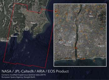 NASA's ARIA team, along with the Earth Observatory of Singapore, created this map showing damage from Typhoon Hagibis, which struck southwest of Tokyo on Oct. 12, 2019.