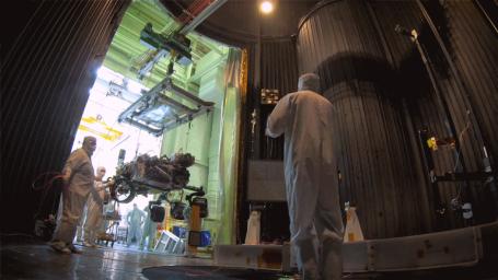 This time-lapse video, taken on Oct. 9, 2019, at NASA's Jet Propulsion Laboratory in Pasadena, California, captures the move of the Mars 2020 rover into a large vacuum chamber for testing in Mars-like environmental conditions.