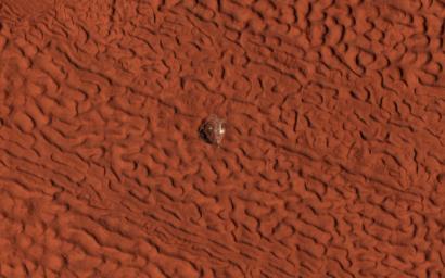 This image, acquired on July 9, 2019 by NASA's Mars Reconnaissance Orbiter, shows a 45-meter-diameter crater that formed sometime between October 2010 and May 2012 in so-called 'brain' terrain on Mars.