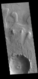 This image from NASA's Mars Odyssey shows one of several craters located on the floor of the much larger Tikhonravov Crater in Terra Sabaea.