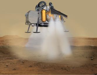 In this illustration of a Mars sample return mission concept, a lander carrying a fetch rover touches down on the surface of Mars.
