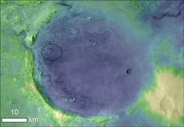 Lighter colors represent higher elevation in this image of Jezero Crater on Mars, the landing site for NASA's Mars 2020 mission. The oval indicates the landing ellipse, where the rover will be touching down on Mars.