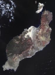 NASA's Terra spacecraft shows Los Volcanes Natural Park on Lanzarote in the Spanish Canary Islands. It is serving as a training ground to prepare for the next mission to the Moon and Mars.
