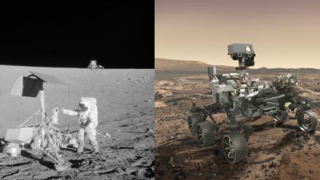 Side-by-side images depict NASA's Surveyor 3 spacecraft (left) and an artist's concept of the Mars 2020 rover (right).