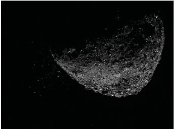 This view of asteroid Bennu ejecting particles from its surface on Jan. 6, 2019, was created by combining two images taken by the NavCam 1 imager aboard NASA's OSIRIS-REx spacecraft.