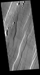 This image from NASA's Mars Odyssey shows the eastern flank of Alba Mons. Linear faults and graben surround the volcano aligned north/south, intersecting and deflected around the summit.