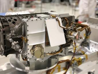 This image shows the SHERLOC instrument, located at the end of the robotic arm on NASA's Mars 2020 rover.