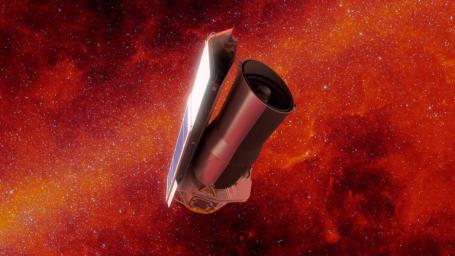 In this artist's rendering of NASA's Spitzer Space Telescope in space, the background is shown in infrared light.
