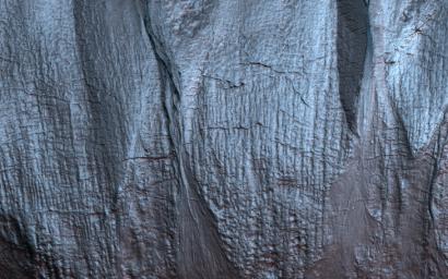 This image, acquired on December 27, 2019 by NASA's Mars Reconnaissance Orbiter, shows gullies on Mars during the winter, fluidized by carbon dioxide frost.