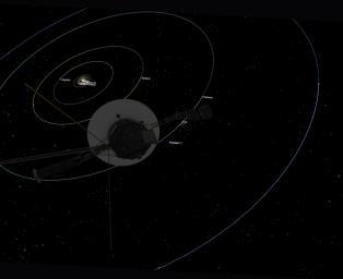 This simulated view approximates Voyager 1's perspective when it took its final series of images known as the Family Portrait of the Solar System.