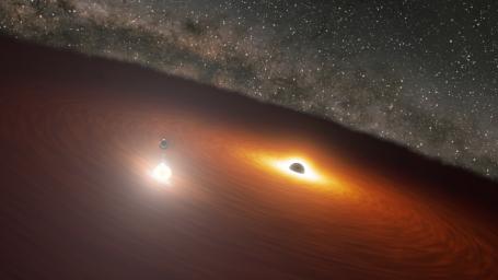 This animation shows two massive black holes in the OJ 287 galaxy.