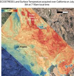 On July 8, 2021, NASA's ECOSTRESS instrument, aboard the space station captured ground surface temperature data over California. Areas in red had surpassed 86 degrees Fahrenheit by 7:16 a.m. local time.