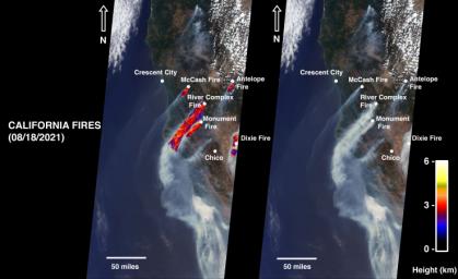 NASA's MISR instrument captured smoke plumes from five fires burning in northern California. The highest plume reached about 19,685 feet (6,000 meters) in altitude.