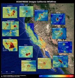 A heatmap showing land surface temperatures in California as measured by the ECOSTRESS mission.