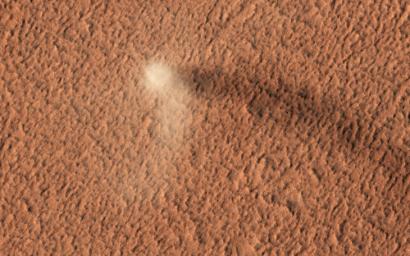 This image, acquired on October 1, 2019 by NASA's Mars Reconnaissance Orbiter, shows yet another stunning image of an active dust devil on Mars.