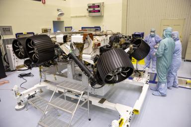 NASA's Mars 2020 rover, now called Perseverance, undergoes processing at a payload servicing facility at NASA's Kennedy Space Center on Feb. 14, 2020.