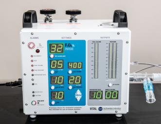 A front-facing portrait of VITAL (Ventilator Intervention Technology Accessible Locally), a ventilator designed and built by NASA's Jet Propulsion Laboratory in Southern California.