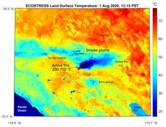 This ECOSTRESS temperature map shows the dry vegetation surrounding the Apple fire that was raging in Southern California on Aug. 1, 2020.