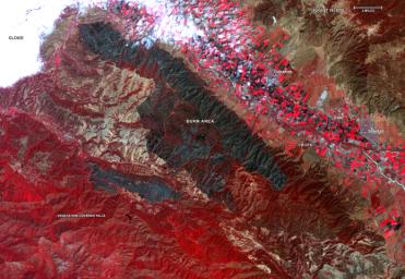 Captured by the ASTER instrument aboard NASA's Terra satellite, this false-color map shows the burn area of the River and Carmel fires in Monterey County, California.