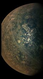 NASA's Juno mission captured this look at Jupiter's tumultuous northern regions during the spacecraft's close approach to the planet on Feb. 17, 2020.