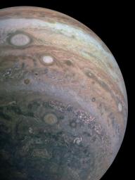 This enhanced-color image from NASA's Juno spacecraft captures the striking cloud bands of Jupiter's southern latitudes.