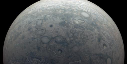 This image from NASA's Juno mission captures the northern hemisphere of Jupiter around the region known as Jet N7.