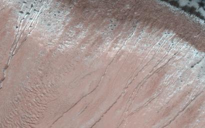 This image acquired on March 4, 2020 by NASA's Mars Reconnaissance Orbiter, shows gullies are common on steep slopes of many impact craters on Mars.