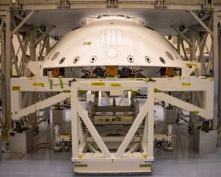 The cone-shaped back shell for NASA's Perseverance rover mission is shown in this April 29, 2020, image from the Kennedy Space Center in Florida.
