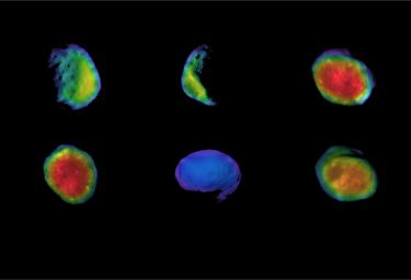 Six views of the Martian moon Phobos captured by NASA's Odyssey orbiter as of March 2020. The orbiter's THEMIS camera is used to measure temperature variations that suggest what kind of material the moon is made of.