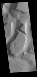 This image from NASA's Mars Odyssey shows part of Hydraotes Chaos. Hydraotes Chaos lies in a valley leading northeast out of Ganges Chasma at the east end of Valles Marineris.