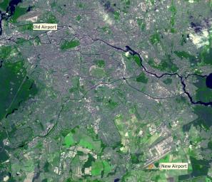 NASA's Terra spacecraft shows Berlin's old Tegel airport, soon to be replaced in by a new airport, Berlin-Brandenburg, located 19 km southeast of the city in Schönefeld.