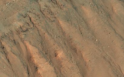 This image acquired on April 5, 2020 by NASA's Mars Reconnaissance Orbiter, shows some faint traces of dark flows along the headwall of an impact crater.