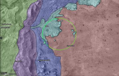 This map shows regions in and around Mars' Jezero Crater, the landing site of NASA's Perseverance rover. The green circle represents the rover's landing ellipse, or the area where it will be landing within the crater.