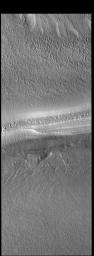 This image from NASA's Mars Odyssey shows a trough that reveals the layered nature of the polar cap ice.
