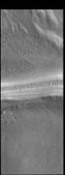 This image from NASA's Mars Odyssey shows the South Polar Cap. A trough crosses the center of the image, showing the layered nature of the cap ice.