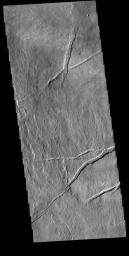 This image from NASA's Mars Odyssey shows a section located just east of Arsia Mons. Numerous volcanic flows are visible.