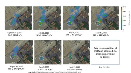 These images show concentrations of methane in a natural gas plume relative to background air measured by AVIRIS-NG, overlaid on true-color land surface images.