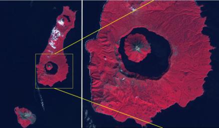 NASA's Terra spacecraft shows the Kuril Islands, a volcanic archipelago, stretching 1300 km from Hokkaido, Japan to Kamchatka, Russia.
