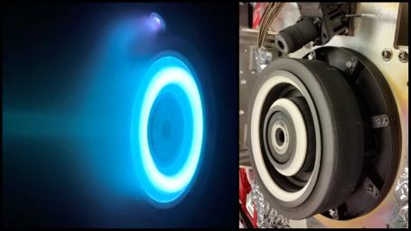 At left, xenon plasma emits a blue glow from an electric Hall thruster identical to those that will propel NASA's Psyche spacecraft to the main asteroid belt. On the right is a similar non-operating thruster.